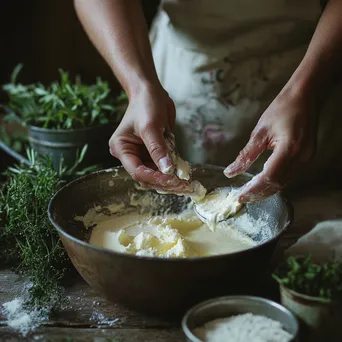 Close-up of hands mixing cream and salt in a bowl for butter making with vintage pails - Image 1