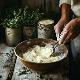 Close-up of hands mixing cream and salt in a bowl for butter making with vintage pails - Image 2