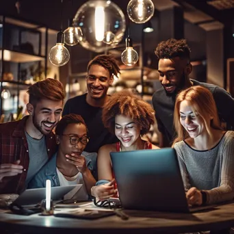 Friends shopping online together in a coffee shop - Image 1