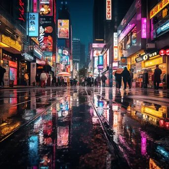 City street illuminated by neon lights with reflections on wet pavement - Image 3