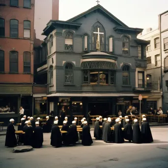 Image of nuns praying with pub in the background - Image 1