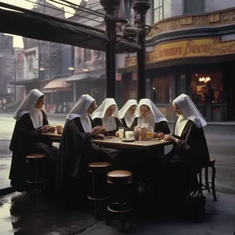 Image of nuns praying with pub in the background - Image 3