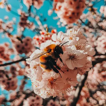 Bee pollinating cherry blossoms on a sunny day - Image 1