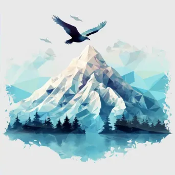 Low poly depiction of serene misty mountains with blending colors and birds in flight - Image 2