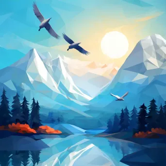 Low poly depiction of serene misty mountains with blending colors and birds in flight - Image 3