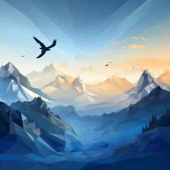 Low poly depiction of serene misty mountains with blending colors and birds in flight - Image 4