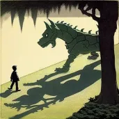 Man walking dog in park with shadows of knight and dragon - Image 1