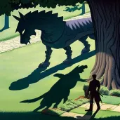 Man walking dog in park with shadows of knight and dragon - Image 4