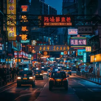 Busy city intersection with cars and pedestrians under colorful neon signs at night - Image 1