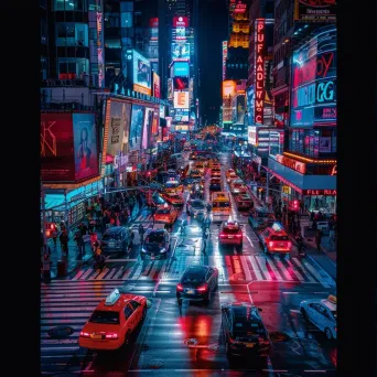 Busy city intersection with cars and pedestrians under colorful neon signs at night - Image 3