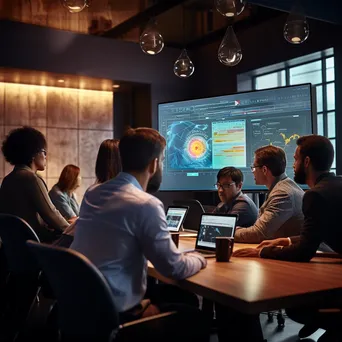 Professionals analyzing data on a large screen in a conference room - Image 2