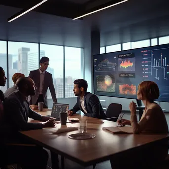 Professionals analyzing data on a large screen in a conference room - Image 4