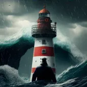 Lighthouse keeper watching ship in perilous storm - Image 4