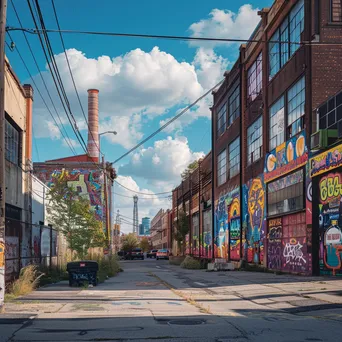 Vibrant street view of an industrial neighborhood with murals - Image 1