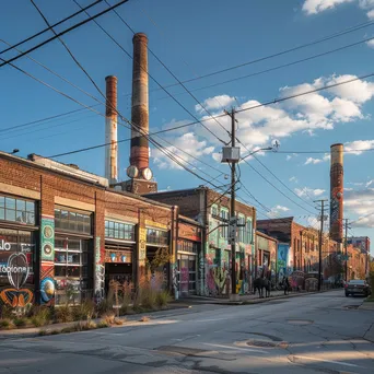 Vibrant street view of an industrial neighborhood with murals - Image 2