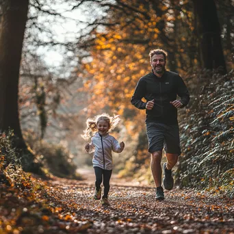 Father and daughter running on a leafy trail - Image 1