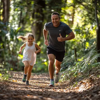 Father and daughter running on a leafy trail - Image 2