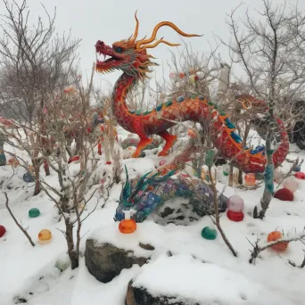 Chinese dragon and Norse Vikings in snow-covered landscape - Image 1