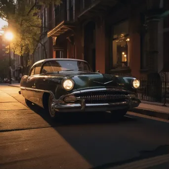 Black and white vintage car under street light with shadows - Image 1