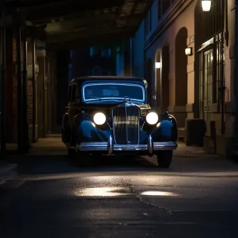 Black and white vintage car under street light with shadows - Image 3