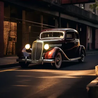 Black and white vintage car under street light with shadows - Image 4