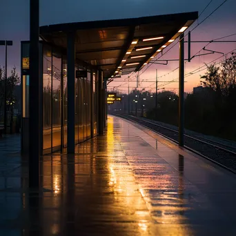 An empty tram station at dawn with soft lighting and dew on surfaces. - Image 2