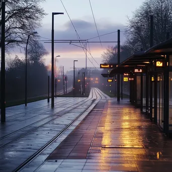 An empty tram station at dawn with soft lighting and dew on surfaces. - Image 3