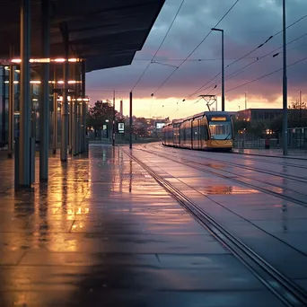 An empty tram station at dawn with soft lighting and dew on surfaces. - Image 4