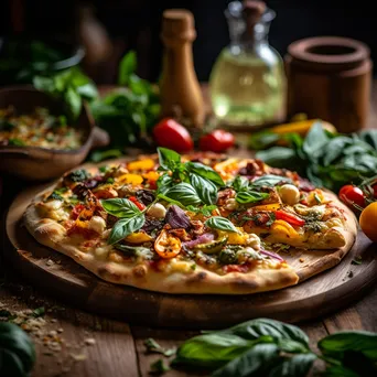 A colorful homemade vegan pizza with assorted toppings on a rustic wooden pizza peel. - Image 1