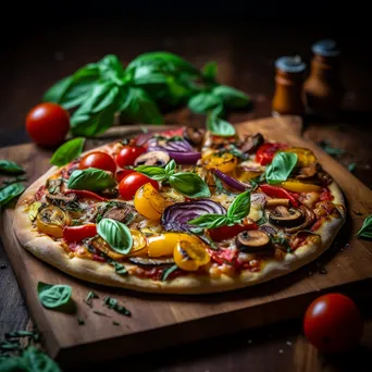 A colorful homemade vegan pizza with assorted toppings on a rustic wooden pizza peel. - Image 4