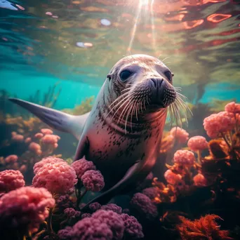 Underwater shot of a playful seal swimming near colorful corals. - Image 3