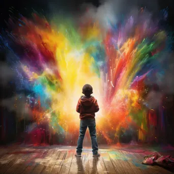 A child painted in chiaroscuro lighting creating a rainbow over chaotic graffiti - Image 1