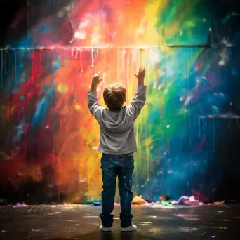 A child painted in chiaroscuro lighting creating a rainbow over chaotic graffiti - Image 3