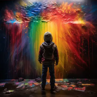 A child painted in chiaroscuro lighting creating a rainbow over chaotic graffiti - Image 4