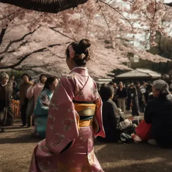 Japanese Cherry Blossom Festival with sakura trees and kimono-clad performers - Image 1