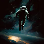 Astronaut floating in space tethered to a distant spaceship - Image 4