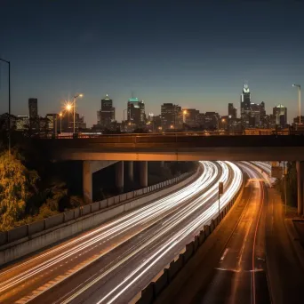 Highway overpass with light trails from passing vehicles and city skyline at night - Image 4