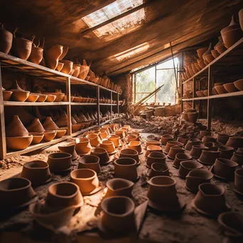 View of pottery workshop with rows of drying clay pots - Image 2