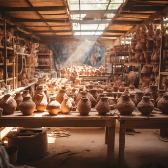 View of pottery workshop with rows of drying clay pots - Image 3