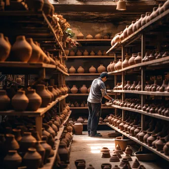 View of pottery workshop with rows of drying clay pots - Image 4