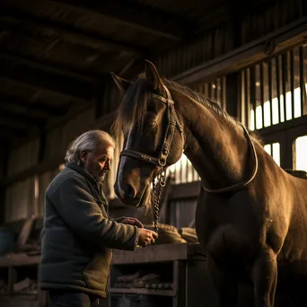 Caregiver grooming a heritage breeds horse in a rustic barn. - Image 1