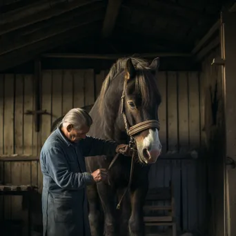 Caregiver grooming a heritage breeds horse in a rustic barn. - Image 2