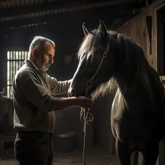 Caregiver grooming a heritage breeds horse in a rustic barn. - Image 3