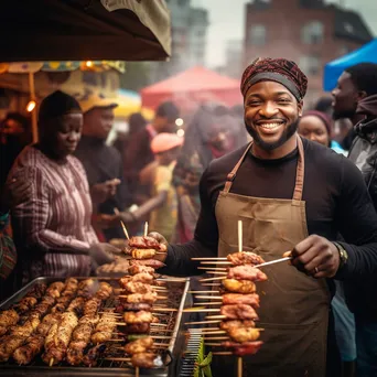 Street food chef grilling marinated chicken skewers at a food festival. - Image 1