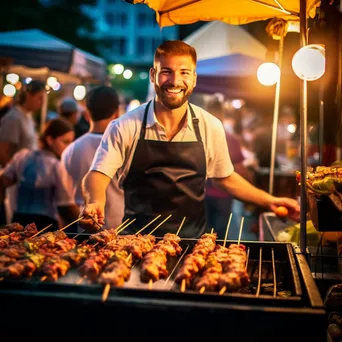 Street food chef grilling marinated chicken skewers at a food festival. - Image 3