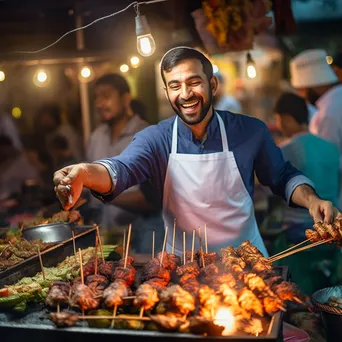 Street food chef grilling marinated chicken skewers at a food festival. - Image 4