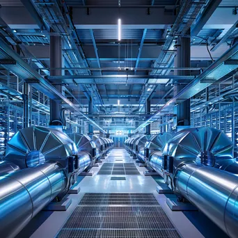 Sleek interior of a server farm with cooling systems illuminated by blue lighting. - Image 2