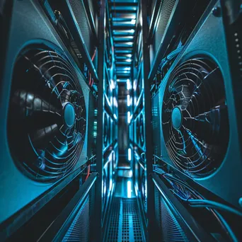 Sleek interior of a server farm with cooling systems illuminated by blue lighting. - Image 3