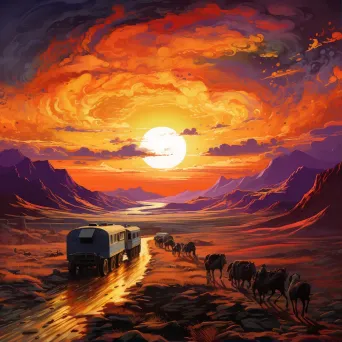 Digitally painted depiction of the Silk Road at sunset with desert caravans - Image 1