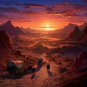 Digitally painted depiction of the Silk Road at sunset with desert caravans - Image 2